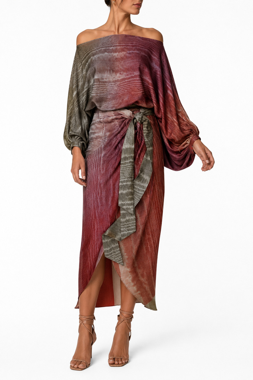 Silvia Tcherassi Bonnan Silk 2 Piece Wrap Skirt Boat Neck Top Set XS